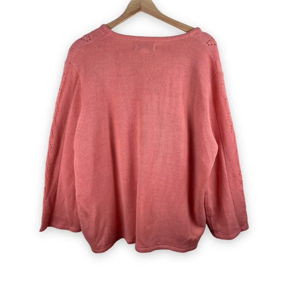 90s Vintage Floral Embroidered Coquette Sweater Peach Pink - Size 2X
